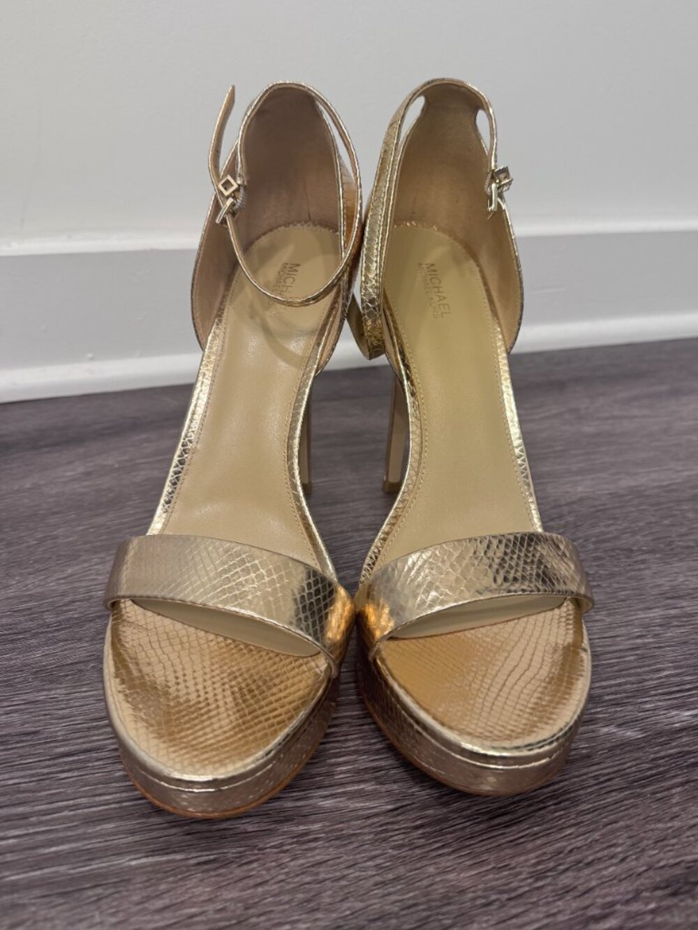 Michael Kors Gold Textured Heels Size 11 Ankle Strap Stiletto Sandals - Picture 2 of 9